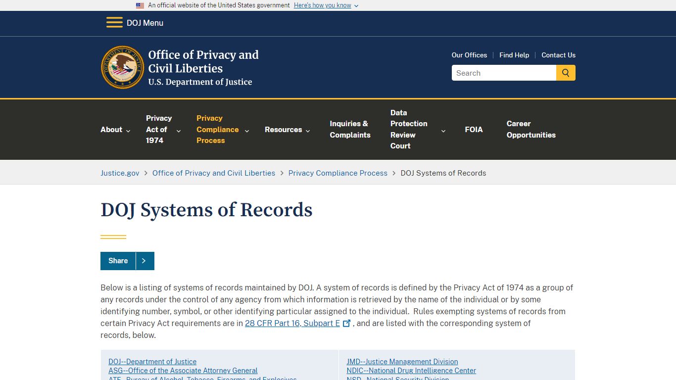 Office of Privacy and Civil Liberties | DOJ Systems of Records